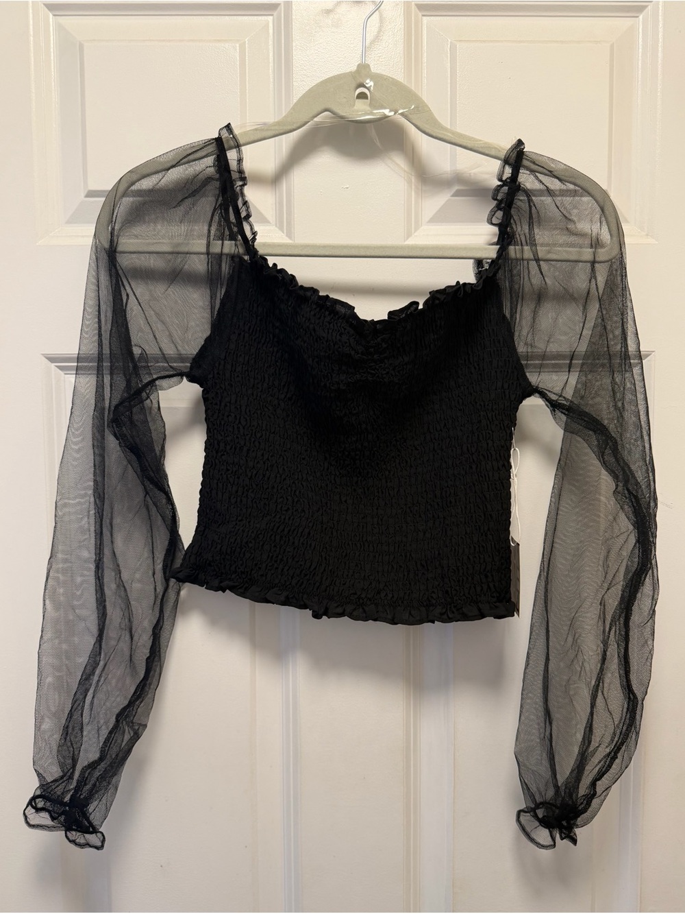 Black Sheer Sleeve Smocked Women's Top
